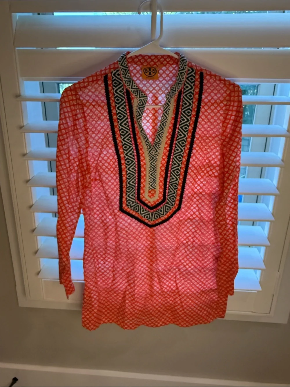 Tory Burch Coral Geometric Embroidered Tunic